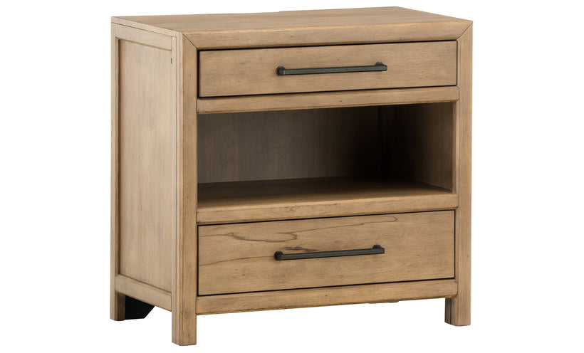 Wooden nightstand with two drawers on a white background